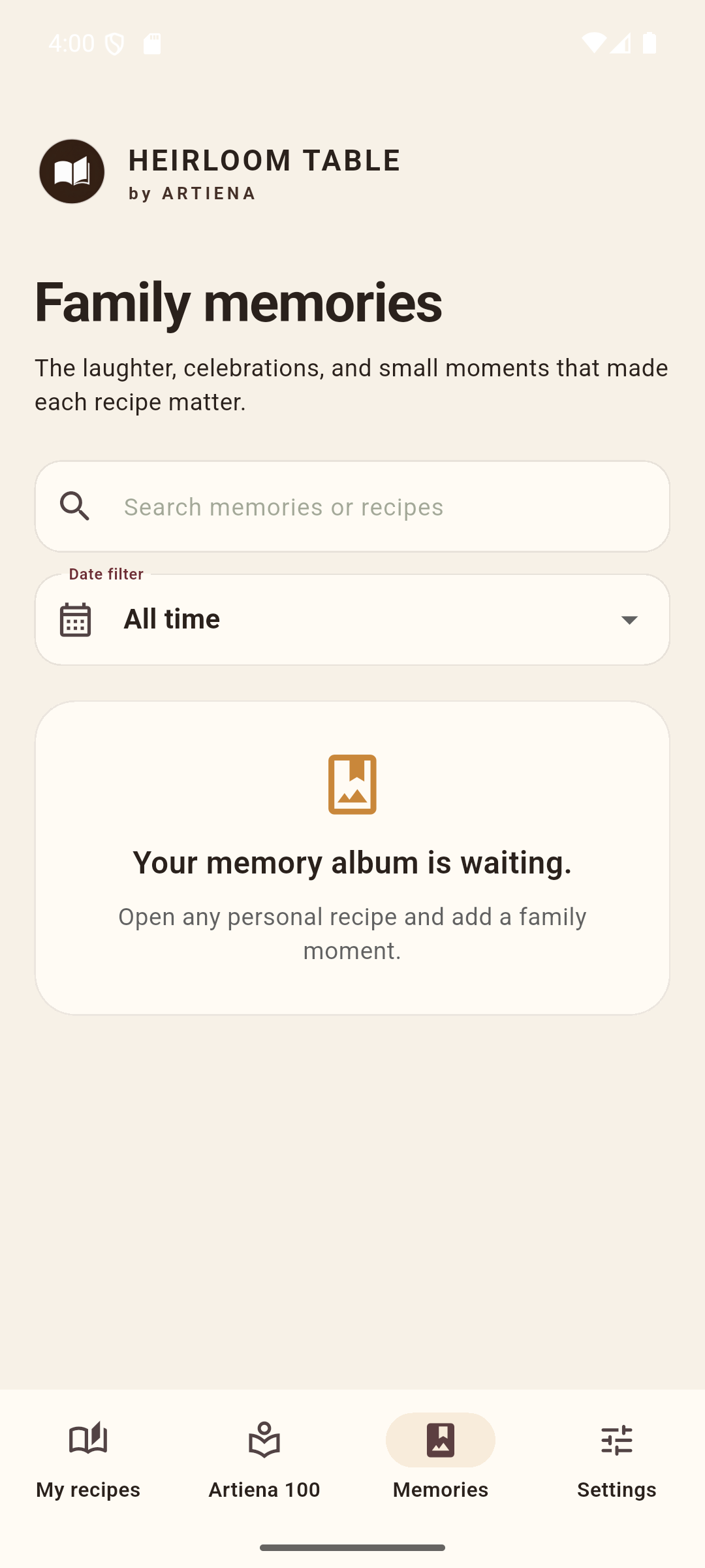 Heirloom Table memories screen on Android