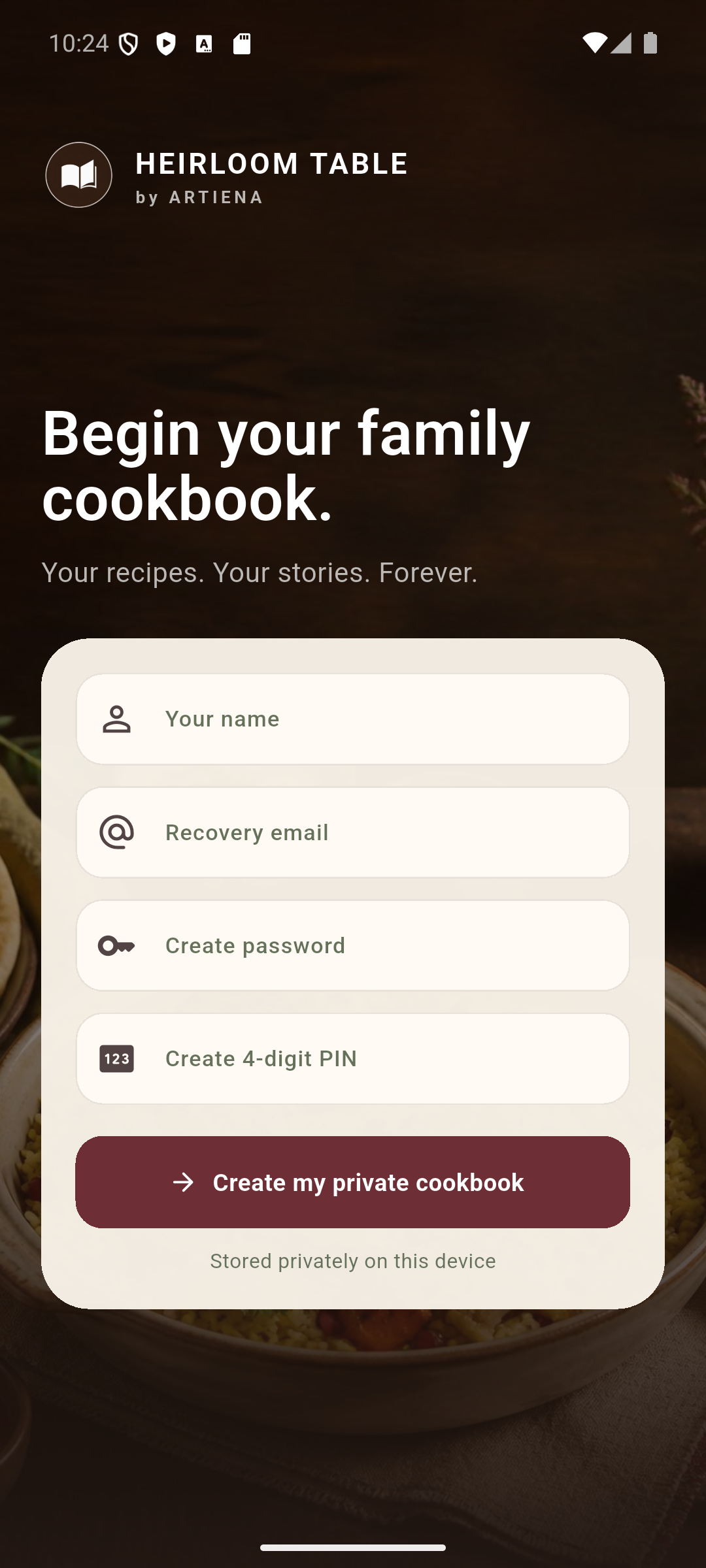 Heirloom Table welcome screen on an Android phone