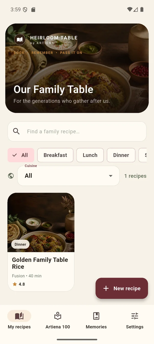Heirloom Table app showing a personal recipe collection