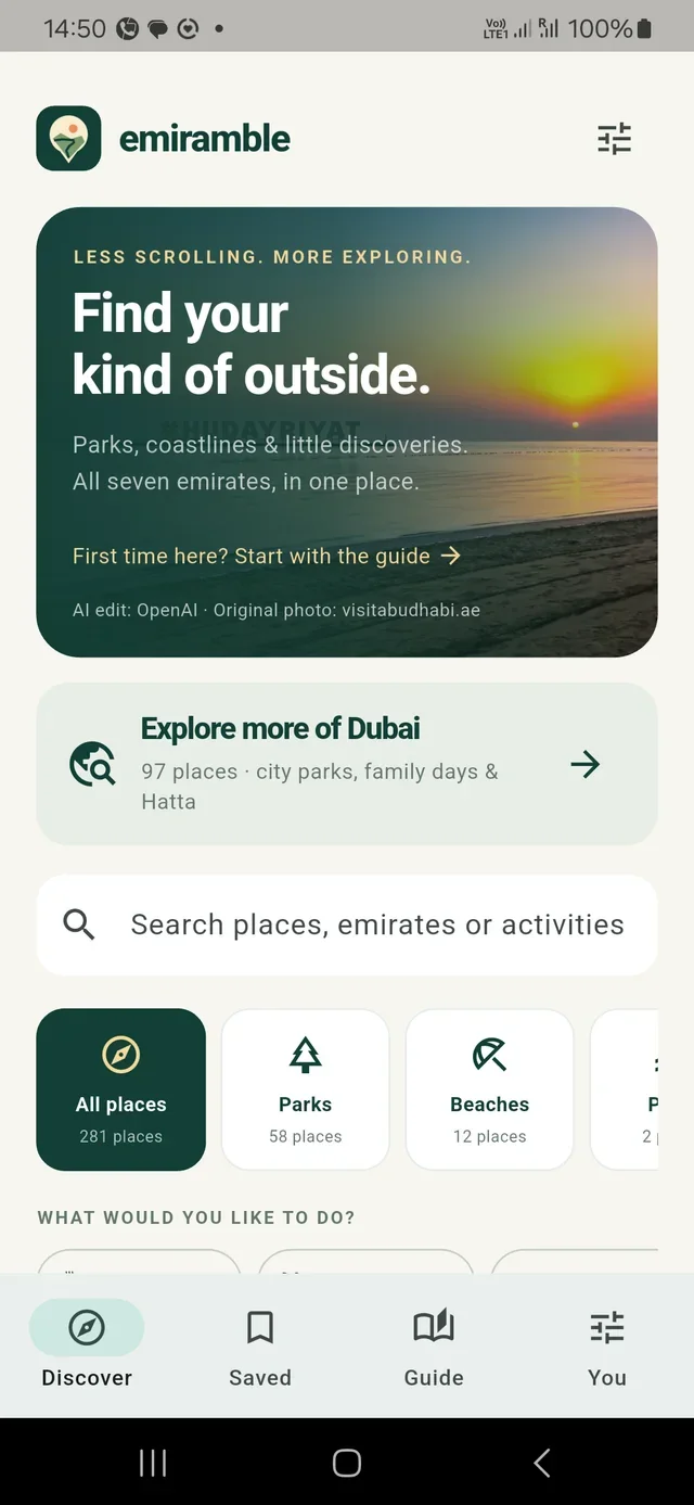 Emiramble Discover screen with destination search and category filters