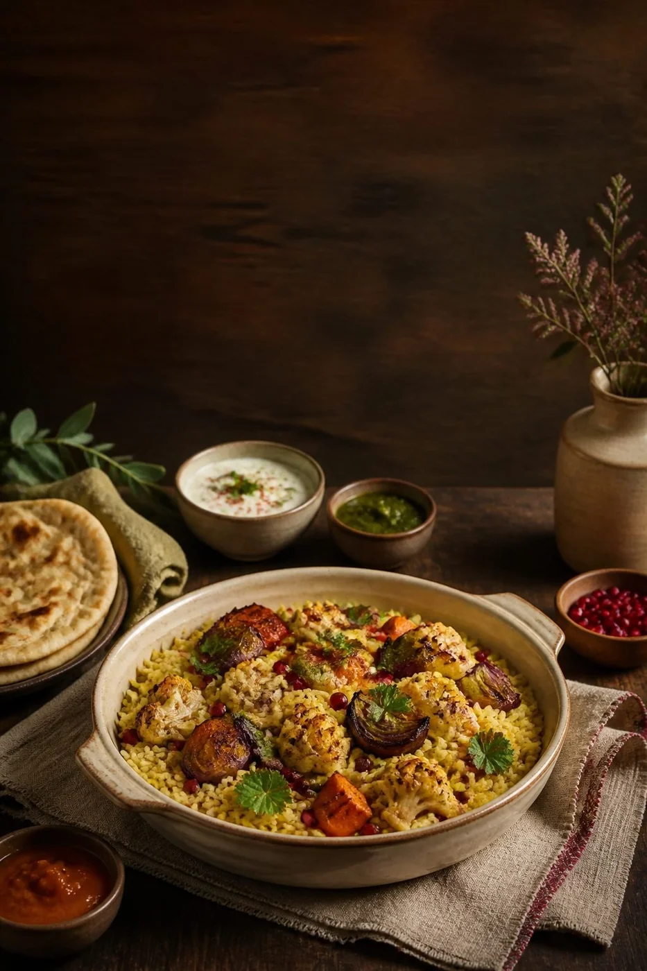 A fragrant rice dish served family-style with herbs and vegetables