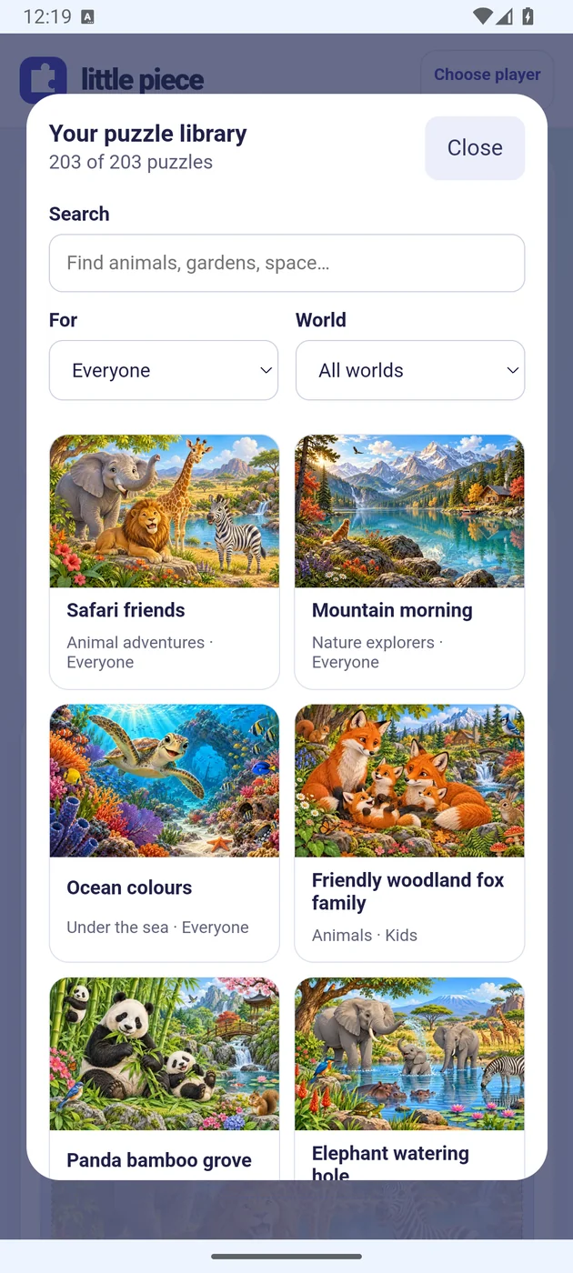 Android puzzle library with animals, landscapes, search and filters