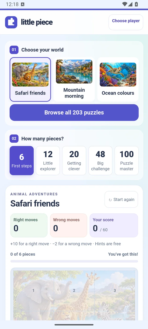 Android puzzle screen showing picture choices, piece counts and right and wrong move scoring