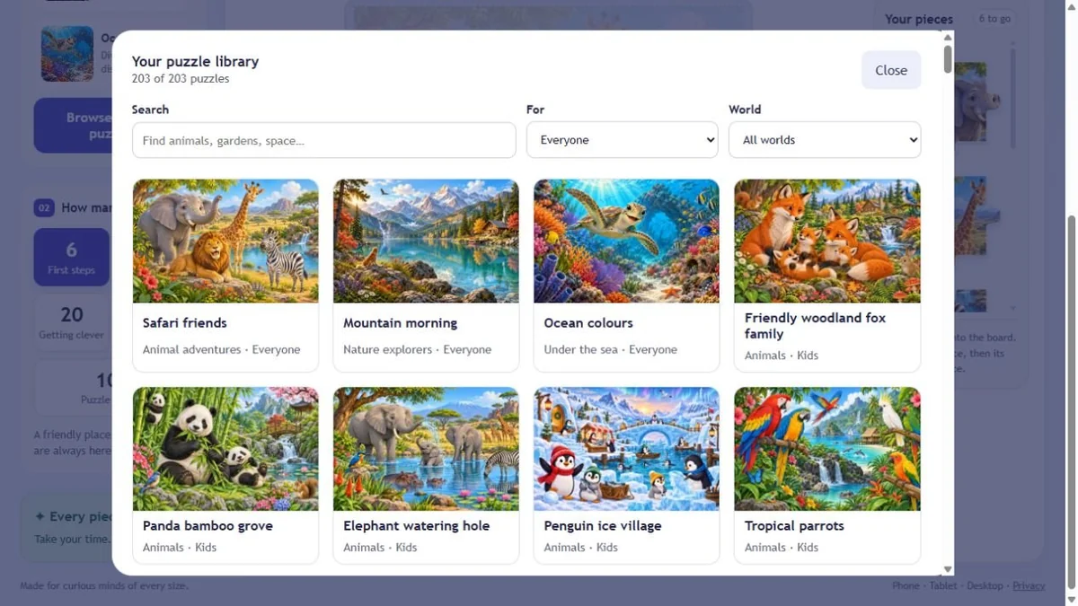 Web puzzle library showing colourful animal and nature scenes