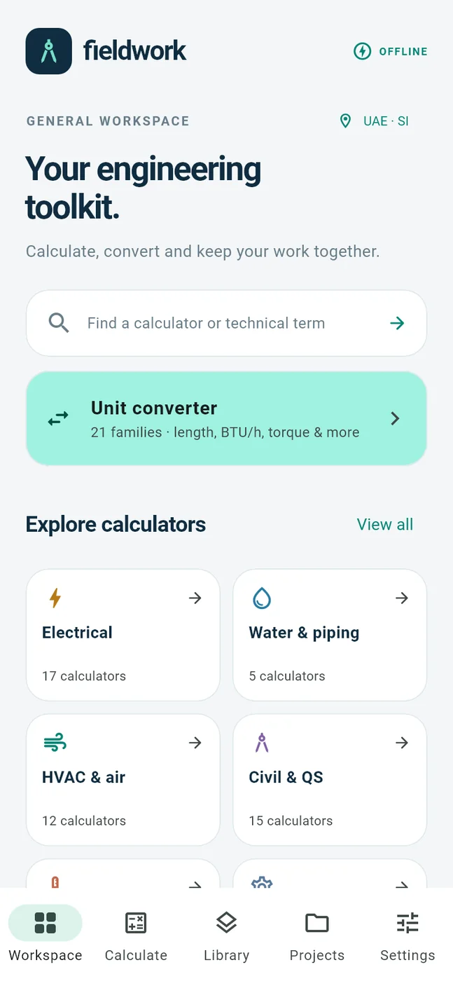 Fieldwork Android workspace showing unit conversion and engineering categories