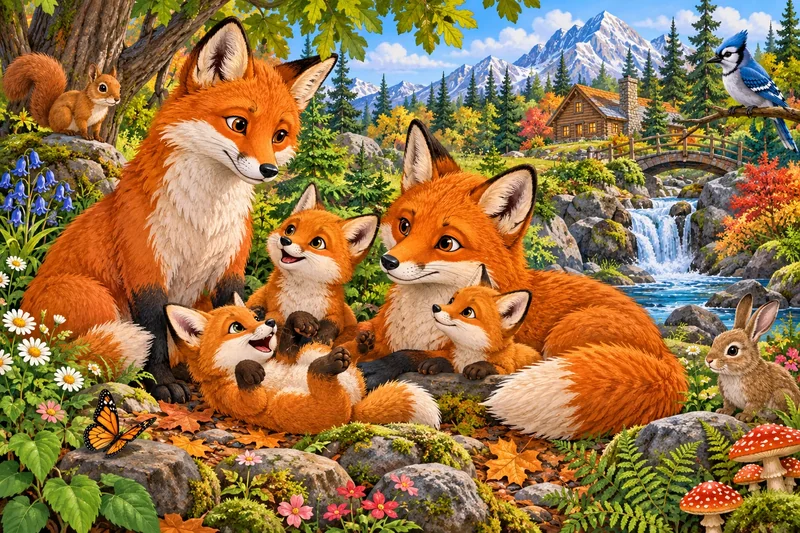 A friendly woodland fox family surrounded by flowers and trees