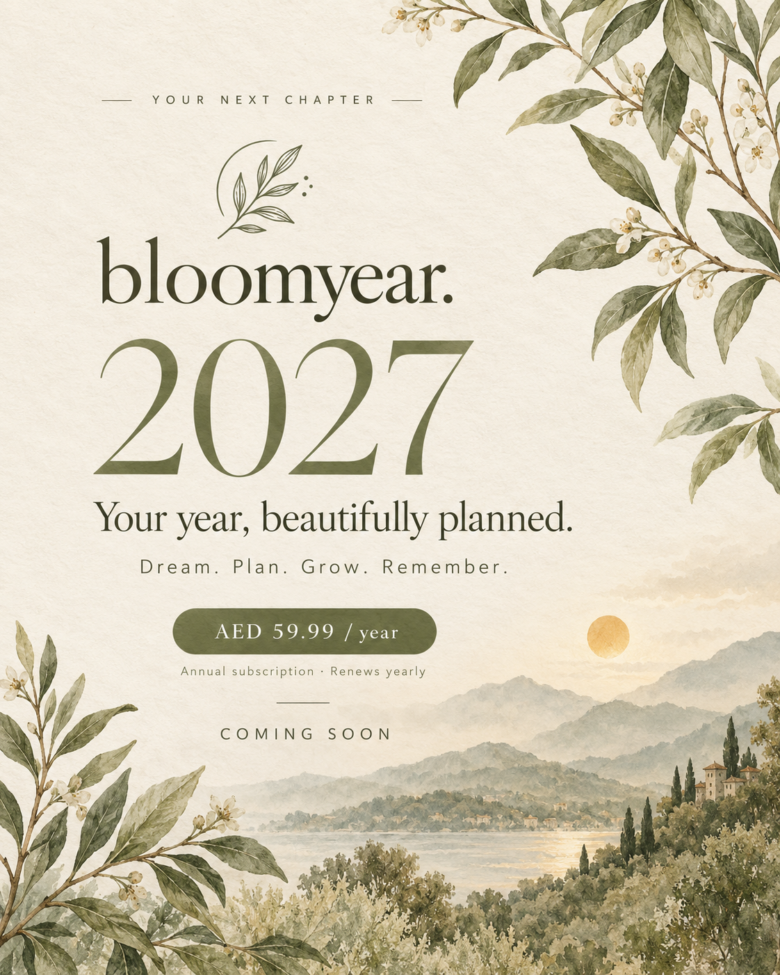 Bloomyear 2027 botanical cover with olive branches and a peaceful lakeside landscape