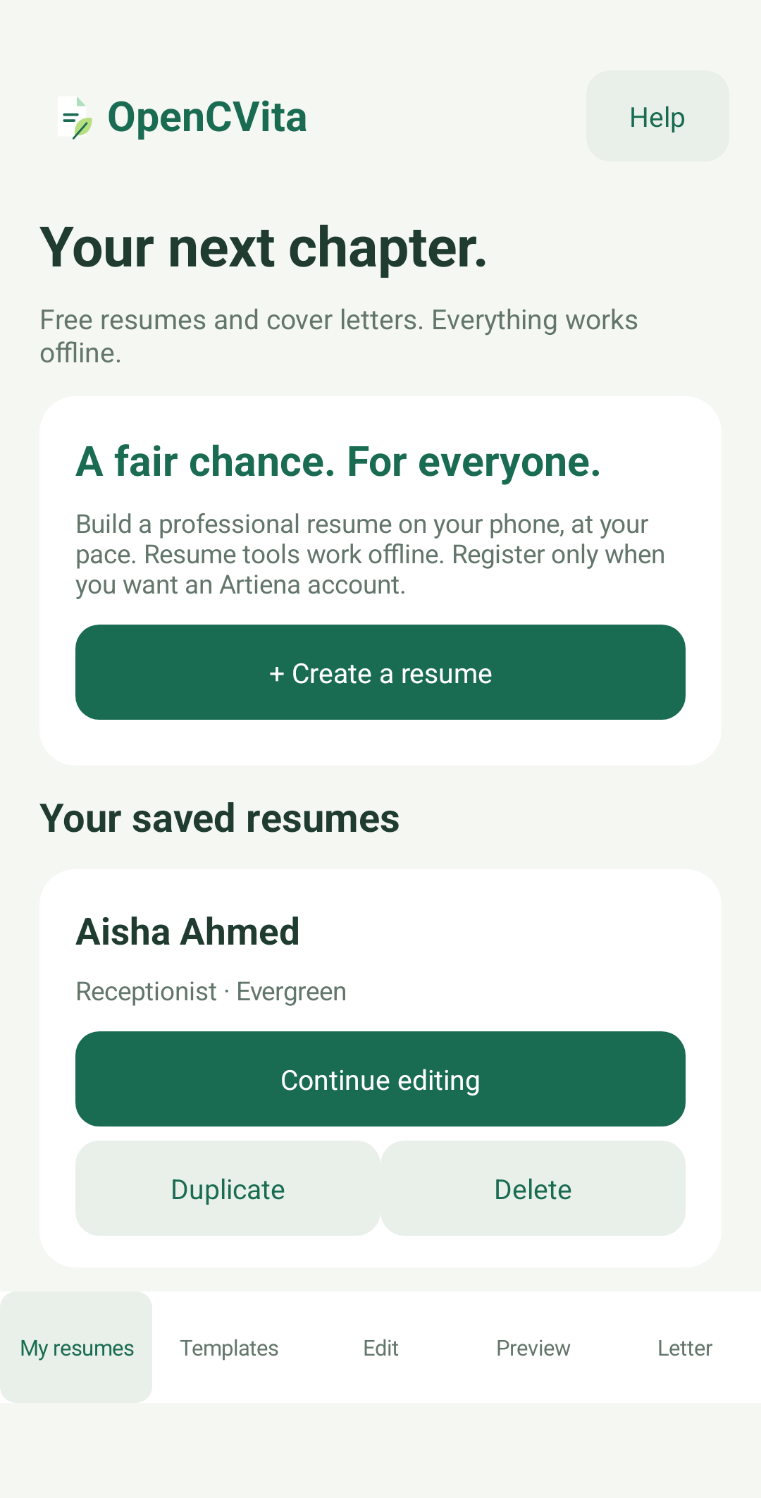 Native OpenCVita Android layout showing saved resumes and a create-resume button; example candidate details